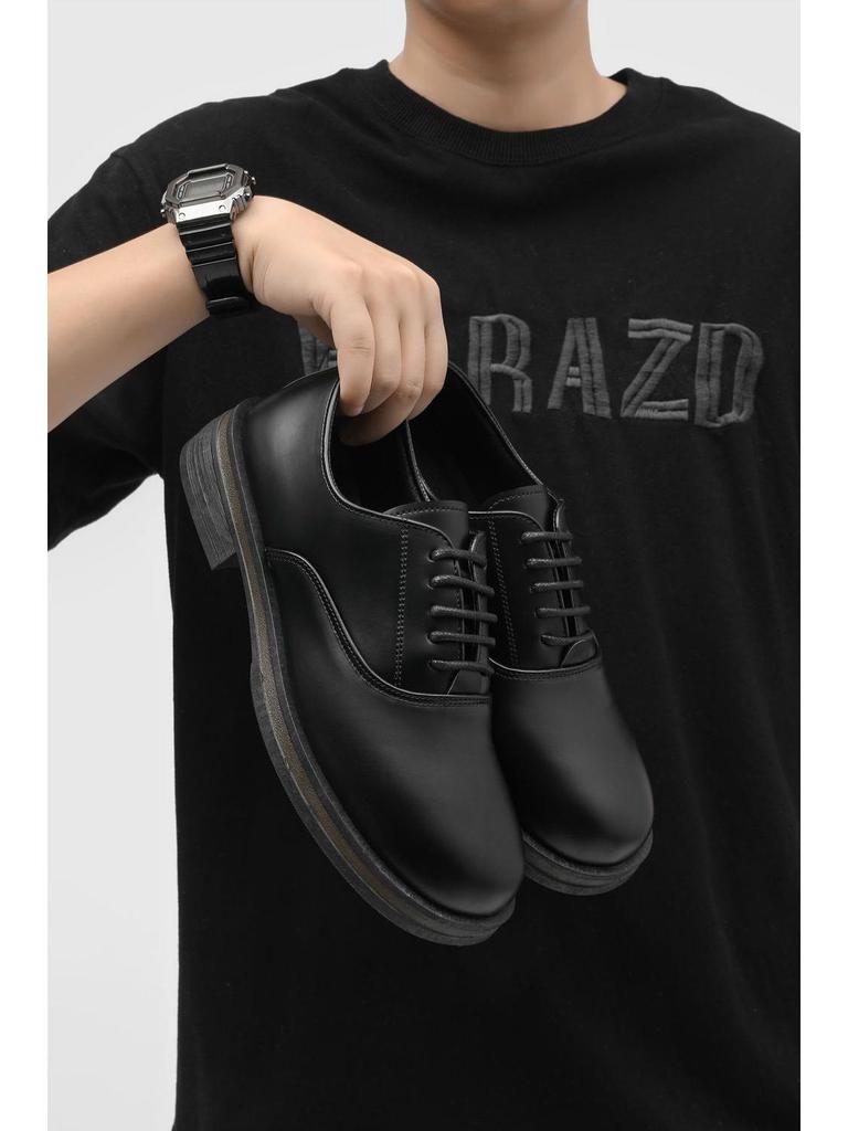 Men's Black Genuine Leather Derby Shoes - High-End, Round Toe, Formal/Casual, French/Japanese-Inspired.