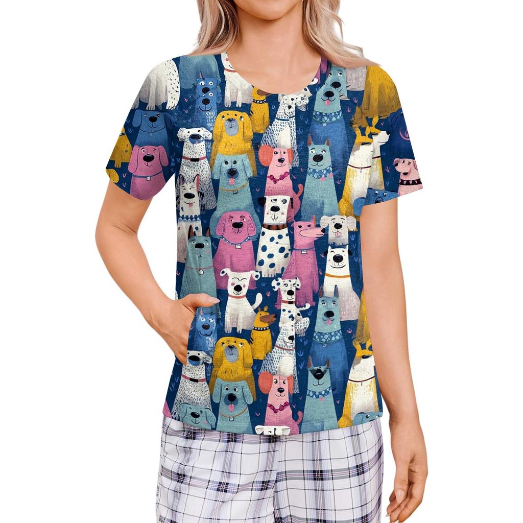 Women Post Surgery Shirt Striped Print Button Down Short Sleeve Four Pocket Top Lightweight Comfortable Fit Casual Wear