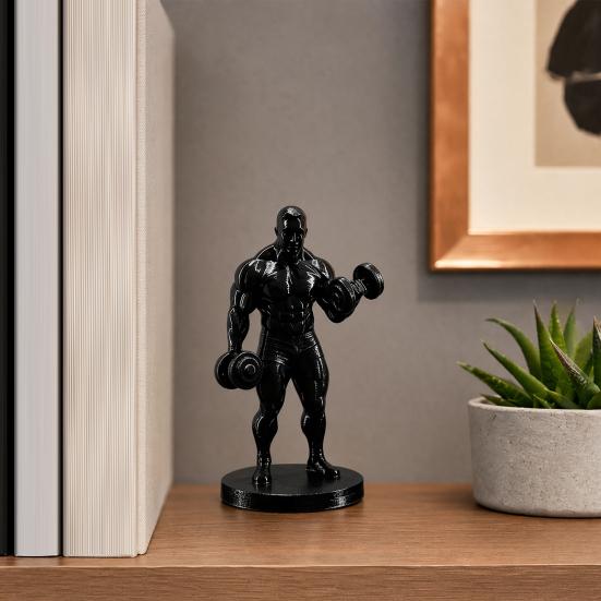 3D Printed Weightlifter Ornament, Black Statue Muscular Man Figurine, with Dumbbells Gym Tabletop Sculpture Gift for People Love Fitness