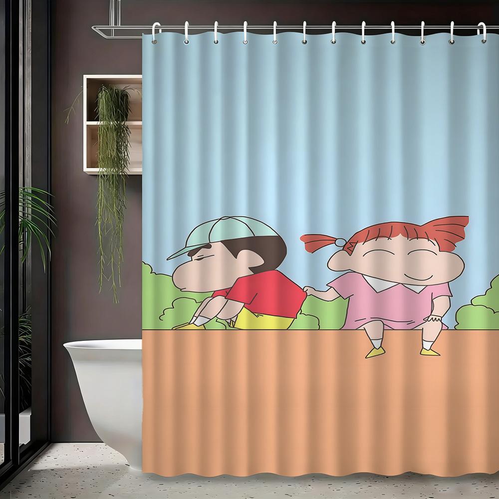 Crayon Shin-Chan & Himawari Superhero Press Conference Scene 2D Print Waterproof Shower Curtain, Blue Cityscape Bathroom Decor W