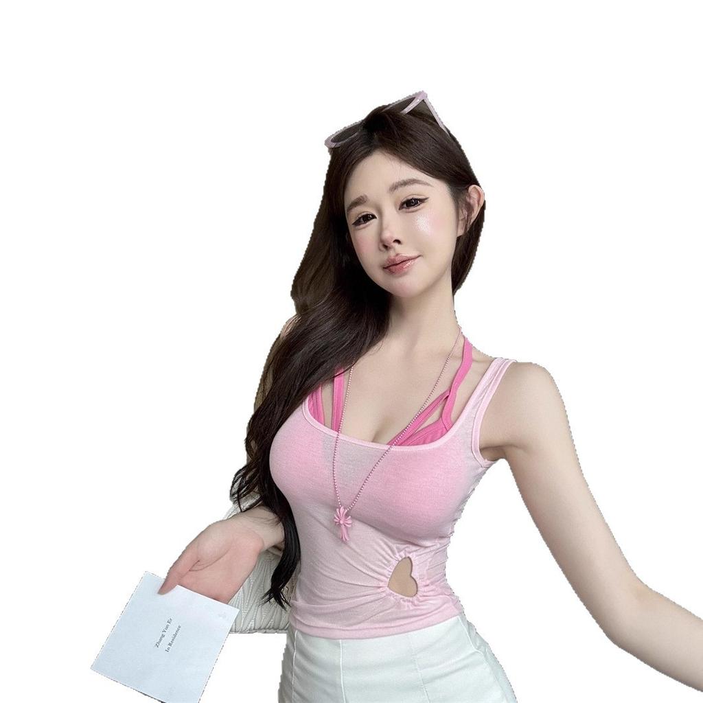 Two-piece set, hollow sling vest, women's summer design, slim-fitting short back-wrapped top