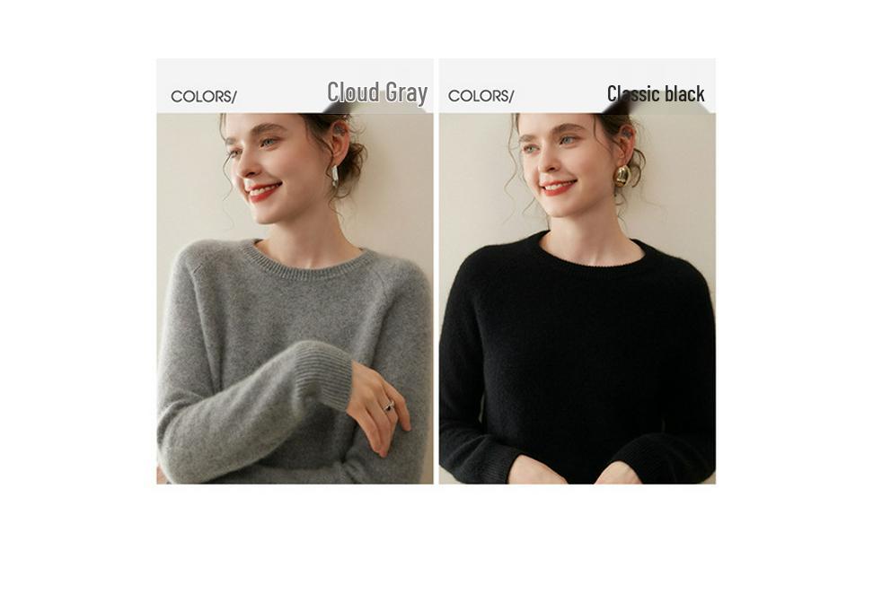 Women's Pure Cashmere Sweater - Round Neck, Loose Fit, Thickened Knit Base Layer with Raglan Sleeves, Skin-Friendly for Autumn/Winter.