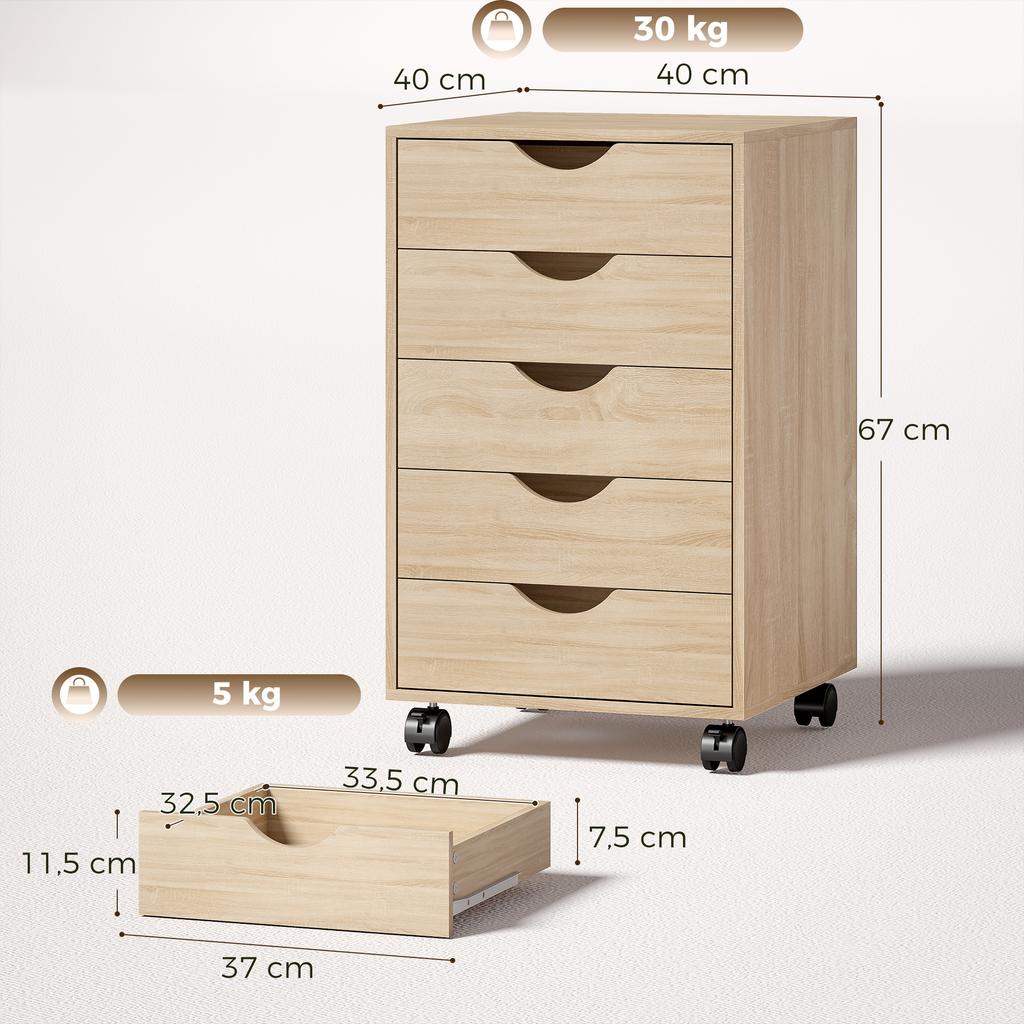 Mobile Office Pedestal, 5 Drawers, Wood, 40 x 40 x 67 cm, Oak