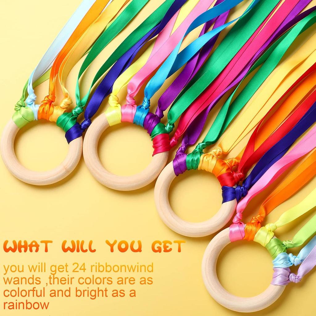 Junkin 24 Pcs Rainbow Hand Kite Waldorf Toys Creative Dancing Ribbon Streamer with Wood Ring Wrist Sensory Toys Learning Educational Toy for Playroom