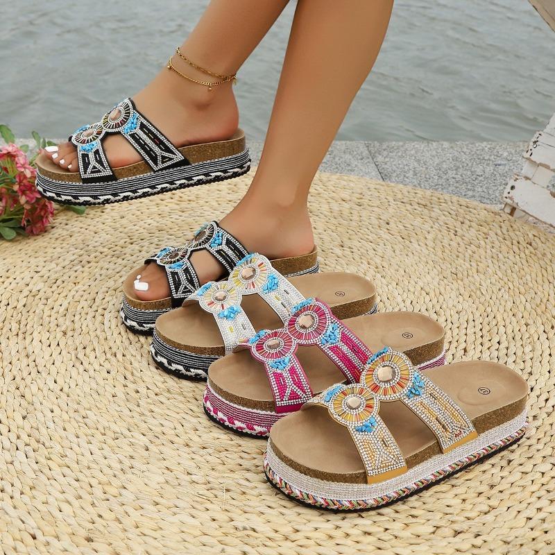 Women’s Double Buckle Rhinestone Cork Platform Slide Sandals