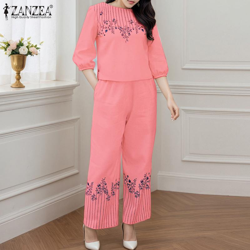

ZANZEA Women 3/4 Sleeve Blouse and Pants Print Casual Two Piece Suit Sets 5XL рожевий