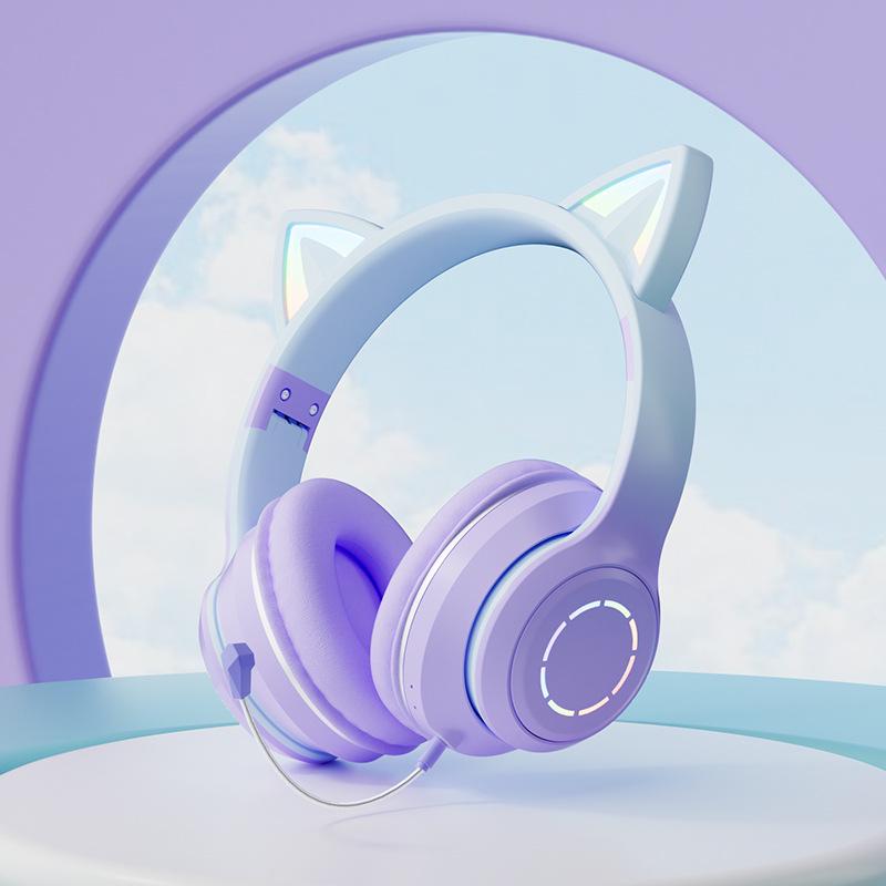Világító színátmenetes macskafüles Bluetooth fejhallgató online órákhoz és játékhoz - univerzális ajándék kiadás