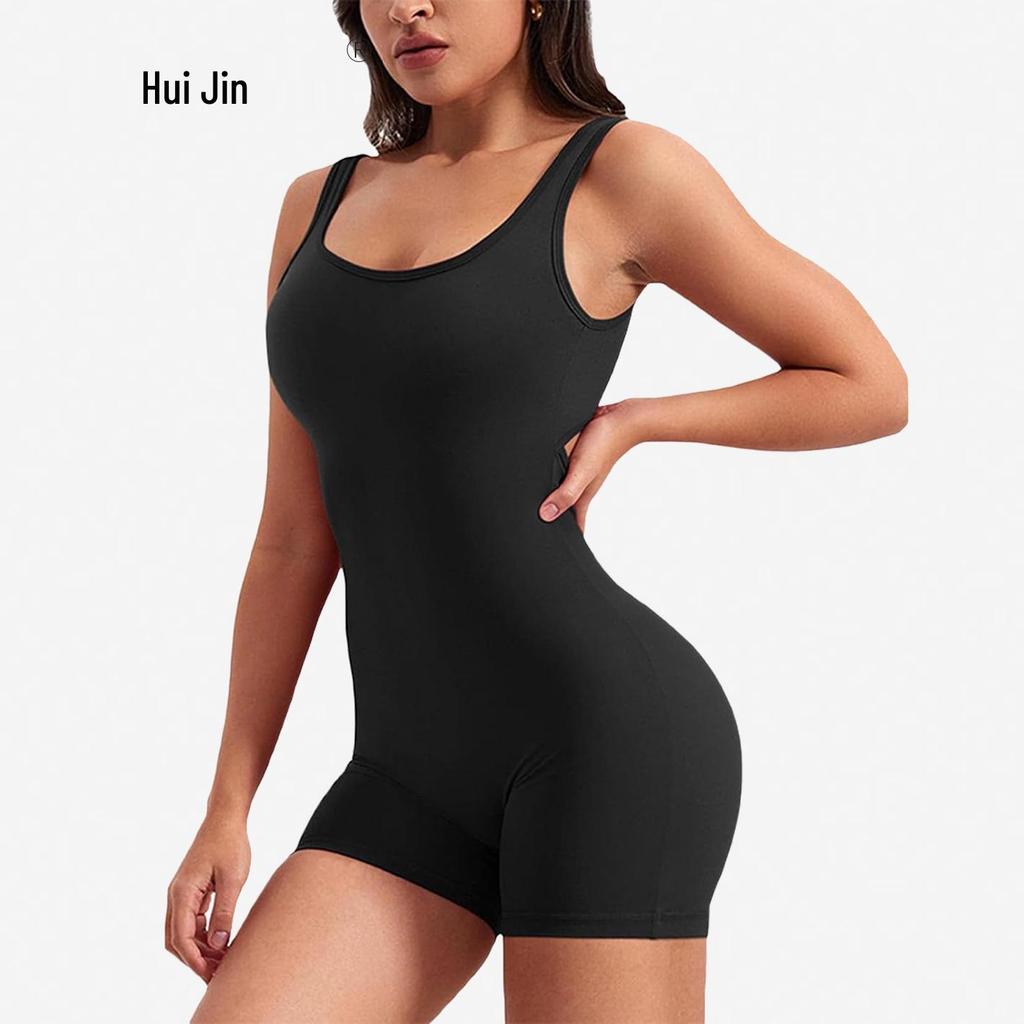 Women's Backless Slim Fit Yoga Jumpsuit - High Elastic, Hip Lifting, Square Neck, One-Piece Sports Shorts.