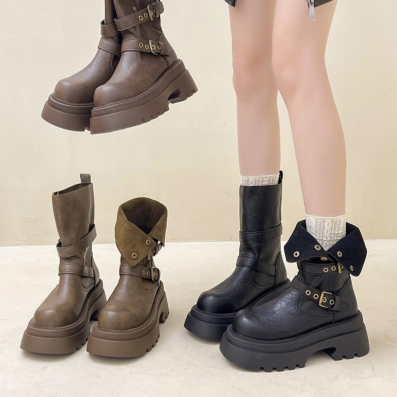 Fashion Versatile Platform Leather Boots Increase the Height of Two Wear Martin Boots Women's Autumn and Winter Retro Buckle Knight Boots Locomotive