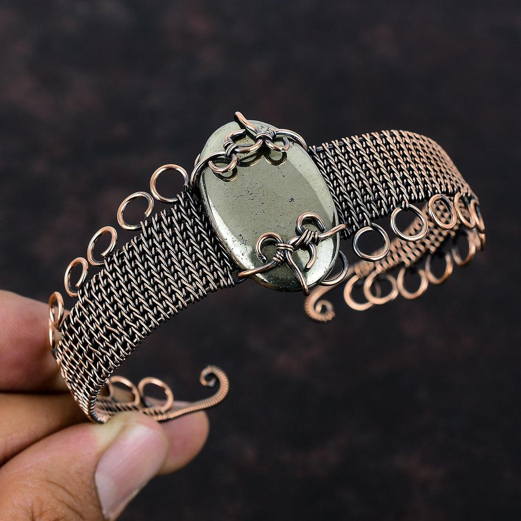 Apache Pyrite Cuff Bracelet Copper Wire Wrapped Cuff Bracelet Adjustable Bangle Gemstone Copper Jewelry Handmade Antique Bangle Gift For Him