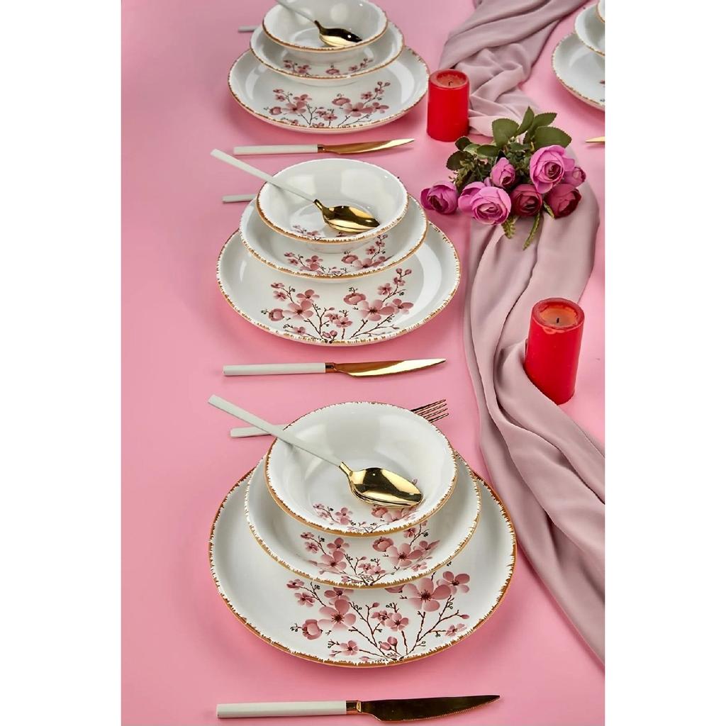 Sakura Flower Luxury Ceramic 18 Piece Dinner Set, Dinner Set For 6 Persons