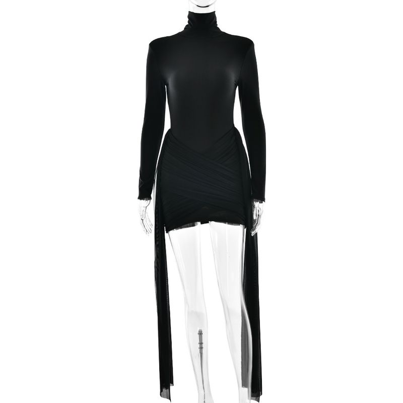 

Fashion Fall and Winter New High Neck Long Sleeves Dress Sexy Elegant Bodycon Ruched Ribbon Padded Shoulder Hip Skirt for Women
