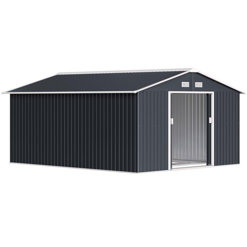 Capanno da Giardino, 12,4 m², 340 x 386 x 200 cm, 2 Porte Scorrevoli, Grigio Scuro