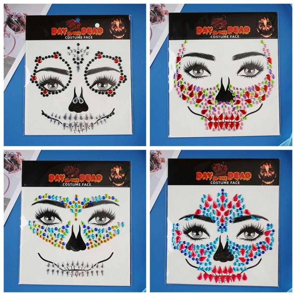 Funny Halloween Fake Tattoo DIY Skull Face Sticker Rhinestone Face Sticker  Day of The Dead