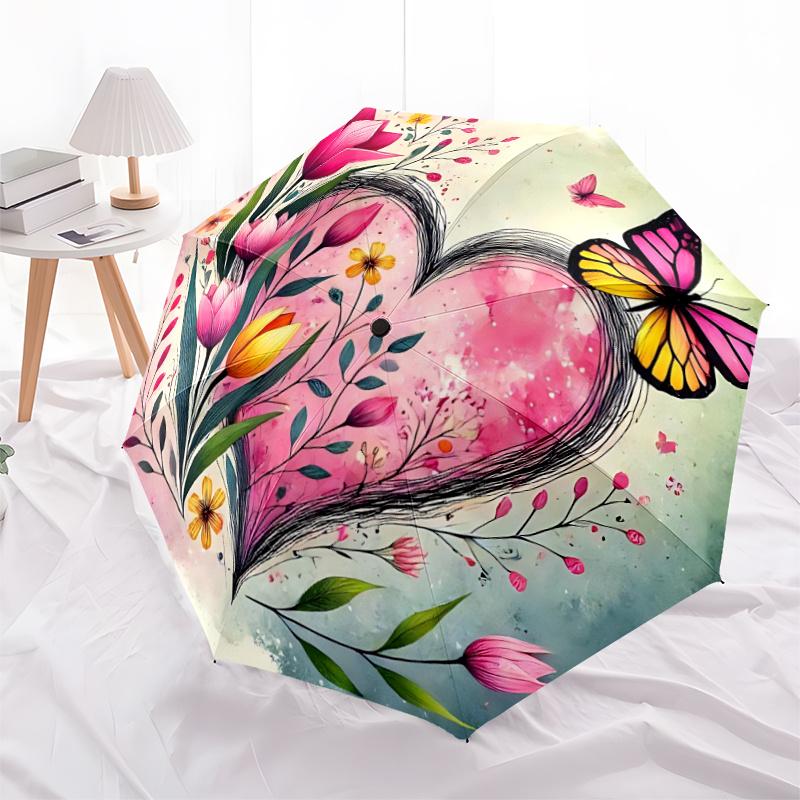 1pc Floral Heart Butterflies Automatic Open/close Umbrella, 8-Rib sturdy structure, Auto Folding/Opening, Portable Travel Umbrella for Women, c29