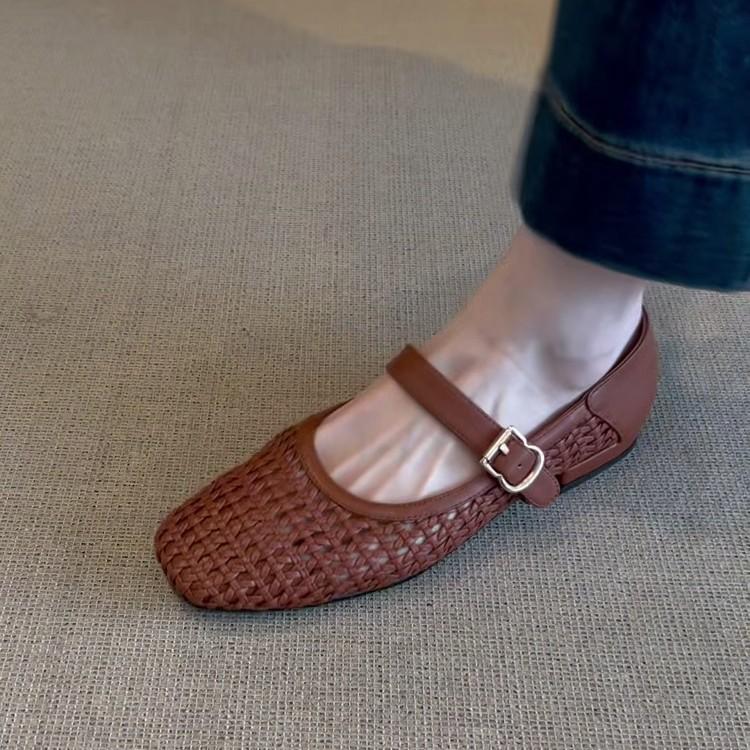 Lan Cabinet Edition~ Niche Hollow Retro Woven One-word Belt Single Shoes Women's 2025 Summer New Flat-bottomed Mary Jane Shoes