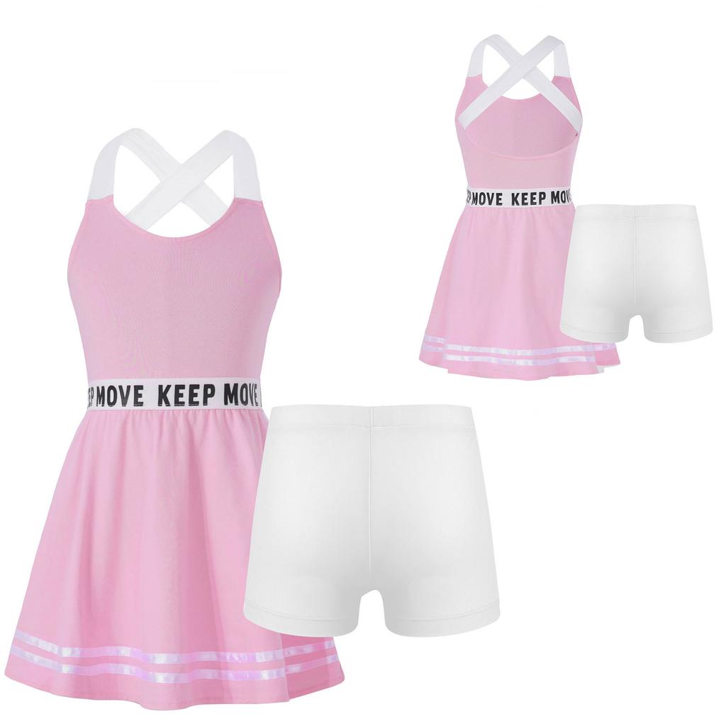 2-teiliges Sportkleid für Kinder, Mädchen, Träger, hinten überkreuzt, ärmellos, Buchstaben-Print, A-Linie, Kleid mit Shorts, Set für Fitnessstudio, Tennis