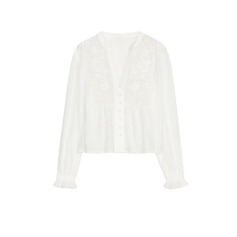 Spring New Women's Clothing Preppy Style Laminated Decoration Round Neck Long Sleeves Cut Out Embroider Short Shirt 8741022