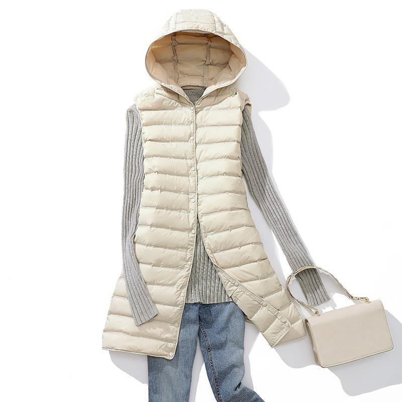 

Зимний жилет из утиного пуха женский ультралегкий тонкий длинный с капюшоном куртки приталенный жилет повседневные базовые парки XXXL бежевый