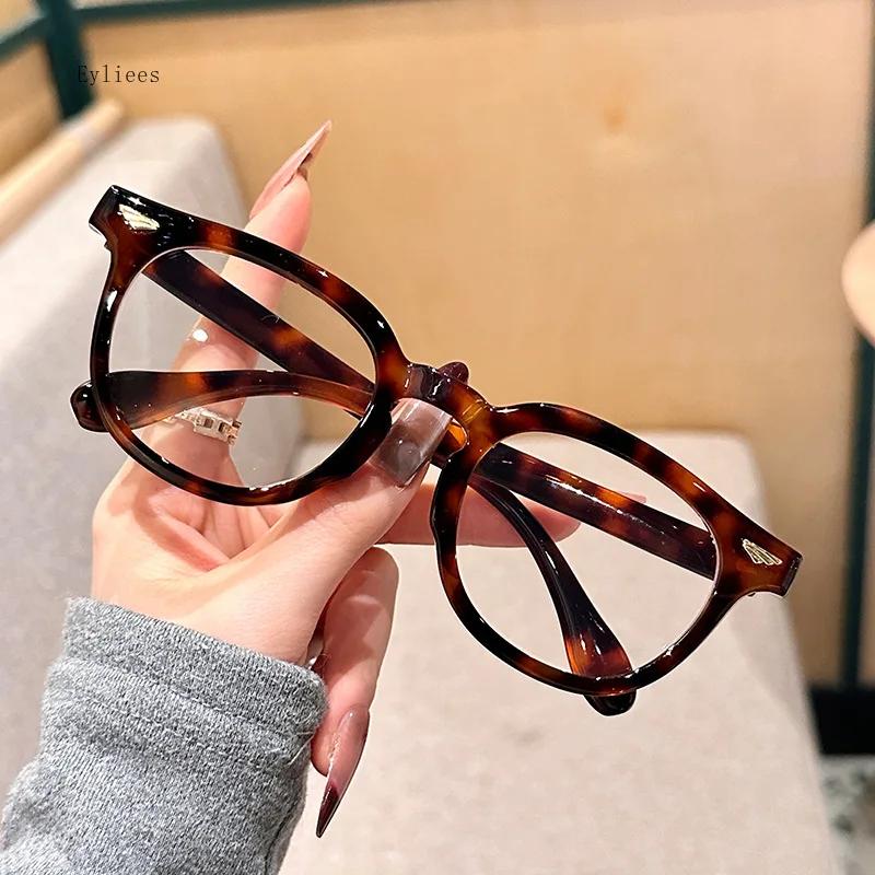 Round Flat Glasses for Women Men Retro Rivet Spectacle Plain Shape Eyeglasses Simple Anti-blue Light Compute Eyewear