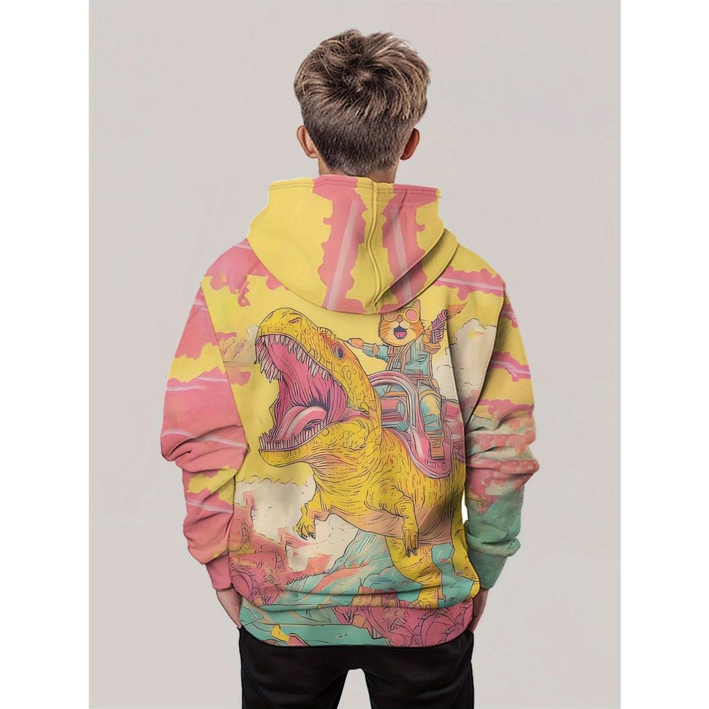 3D Digital Printed Brain Hole Universe, Cat Knight Dinosaur Adventure Hooded Sweatshirt, Fashionable and Trendy Casual Children's Clothing