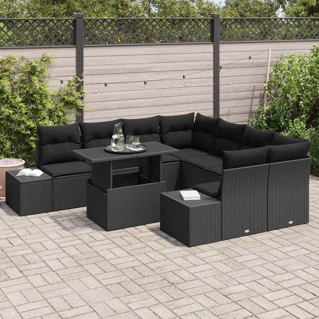 Garden Sofa Set with Cushions 9 pcs Black Poly Rattan