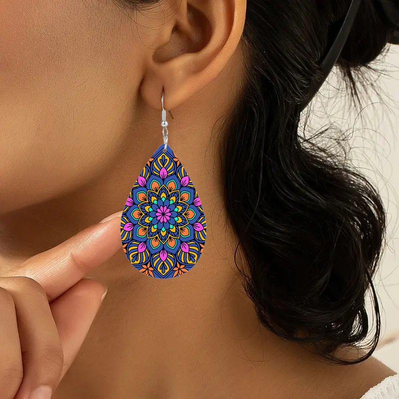 Bohemian Style Colorful Mandala PU Leather Earrings Boho Earrings Trendy Female Earrings Elegant Fashion Earrings Christmas Gifts for Women