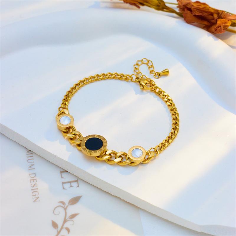 18K Gold Plated Roman Numeral Shell Onyx Bracelet, Dainty Cuban Link Chain Bangle for Women, Trendy Jewelry