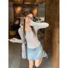 Gray Shoulder Pure Button Half Open Neck Long Sleeve T-Shirt Women's Autumn Spice Girl Sticking Collarbone Bottom Shirt Top