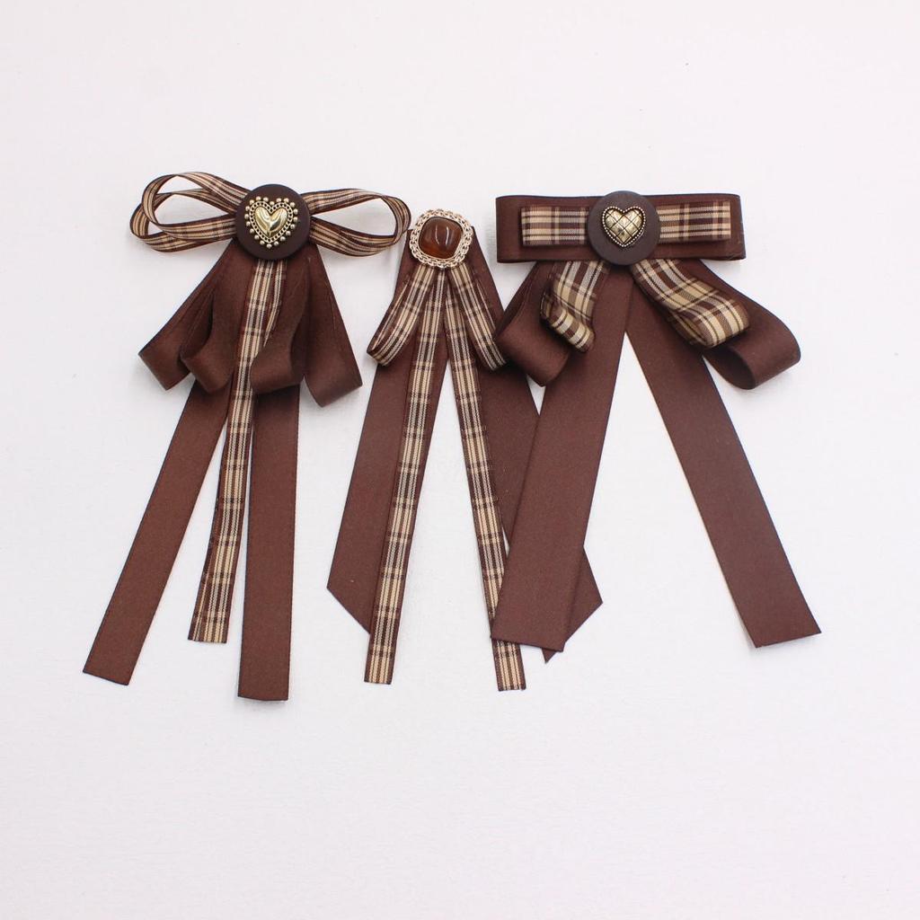 Women's Coffee Brown Plaid Bow Tie Brooch Collar Accessory S320
