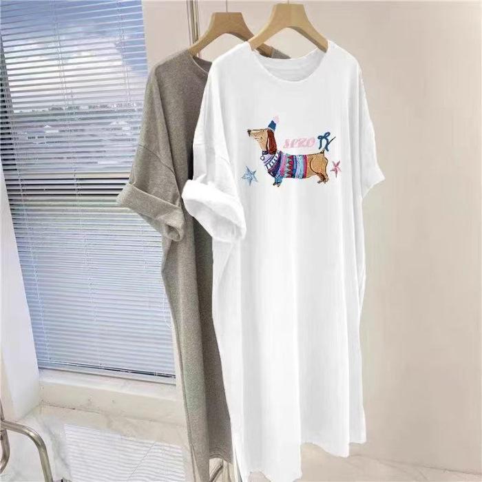 Šaty střední délky Dlouhá sukně Dámské Letní Trendy Nový Korejský Styl Volné Čistá Bavlna Tričkové šaty s krátkým rukávem