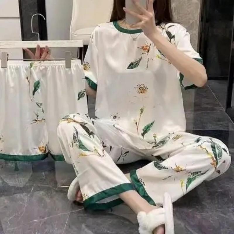 

Три комплекта женских пижам с короткими рукавами и круглым вырезом, шорты, длинные брюки, домашняя одежда больших размеров, мягкие пижамы для девочек, дышащие XXL(40-75KG)