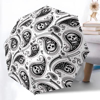 1pc Skull Paisley Automatic Folding Umbrella with 8-Rib Windproof Design, Portable Foldable Sunshade Umbrella For Halloween 013