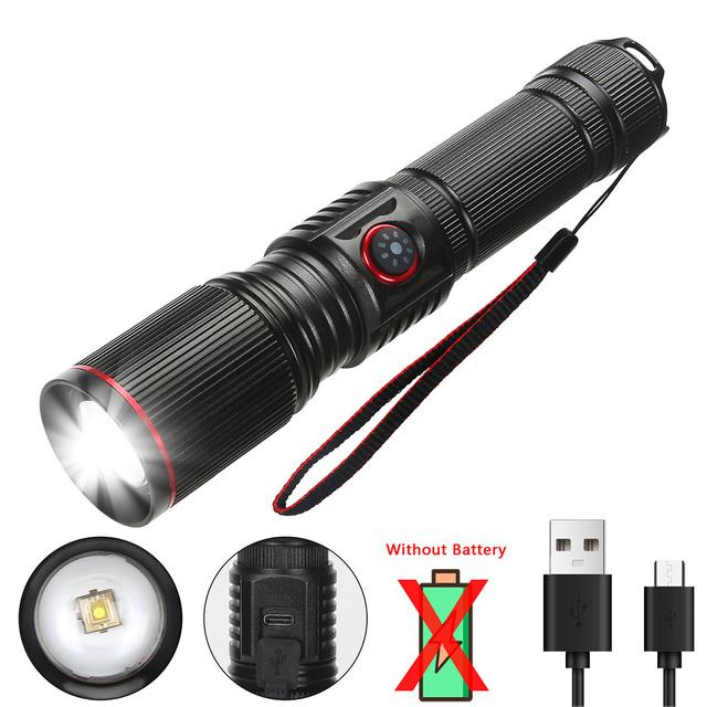 Portable Powerful LED Flashlight 2000LM Tactical Zoom Torch USB Rechargeable 18650 or 21700 Battery Camping Fishing Lantern