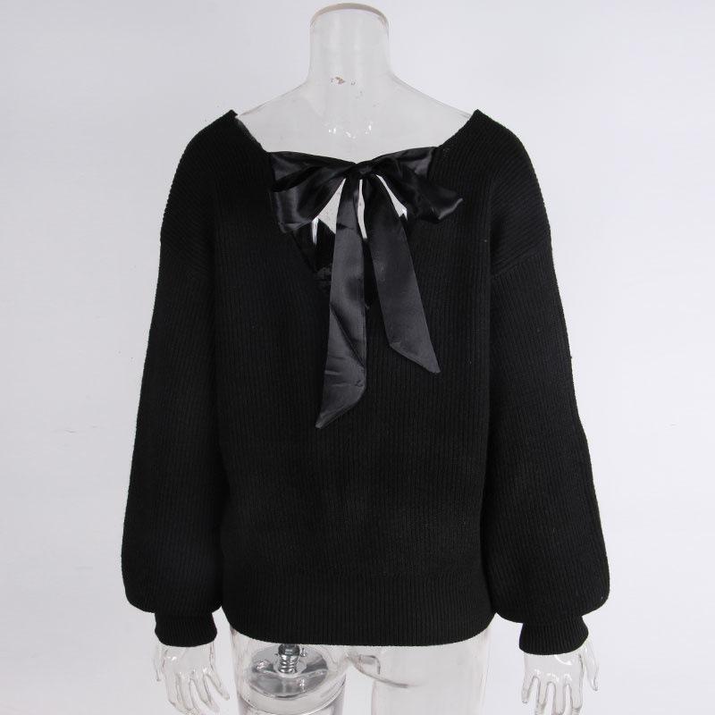 European & American V-neck Bowknot Sweater - Women's Casual Autumn/Winter Long Sleeve Loose Top
