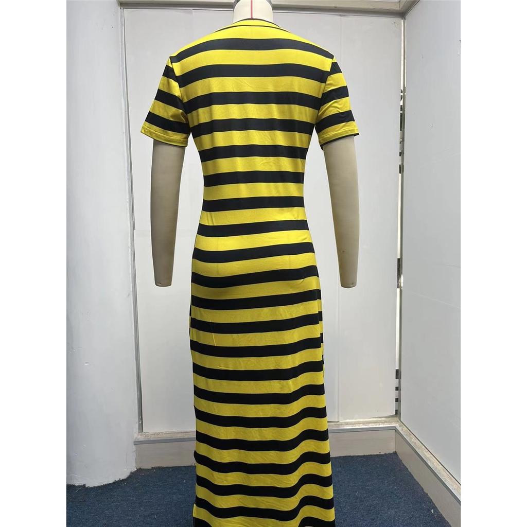 Women's Dress Short-sleeved V-neck Loose Striped Print Slit Long Dress