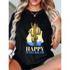 Women Plus Size Happy Hanukkah T-Shirt Black Blue Text Desert Cactus Crew Neck Jewish Festive Party All-Season Casual Machine Washable Top
