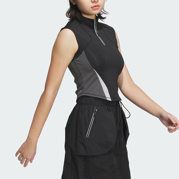 Adidas Sleeveless Zip-Up T-Shirt Striped Quick-Dry Women Tops Black JI7528