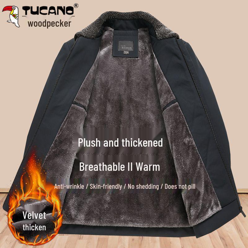 Woodpecker Men's Plus Velvet Thickened Winter Jacket - Warm Cotton Outerwear for Middle-Aged and Elderly