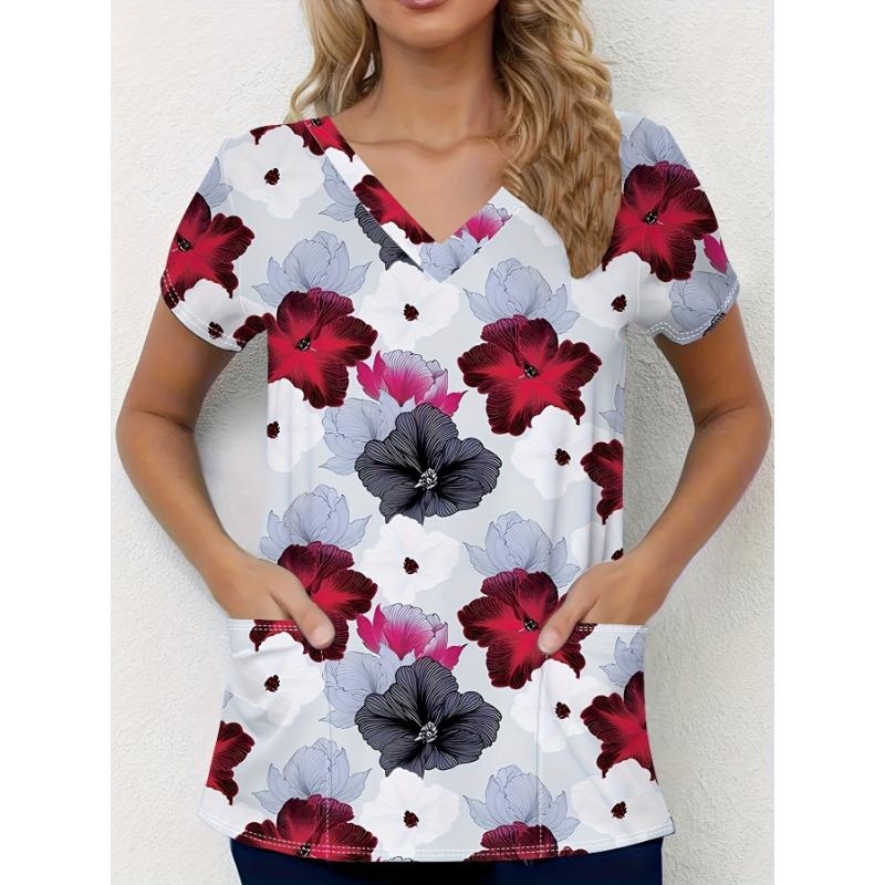 Dámské vintage květinové chirurgické haleny s krátkým rukávem a výstřihem do V, uniforma pro zdravotní sestry s kapsami, tričko, pracovní topy pro sestry