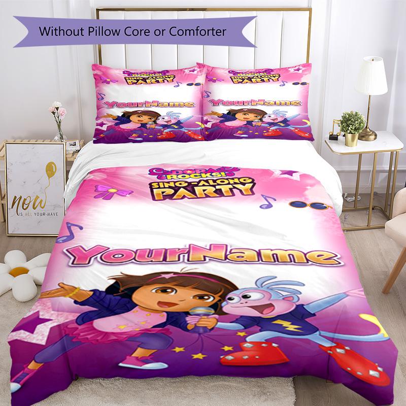 Dora Explorer Customize Your Name Bedding Set Breathable Duvet Cover with Pillowcases Home Decoration Birthday Gift