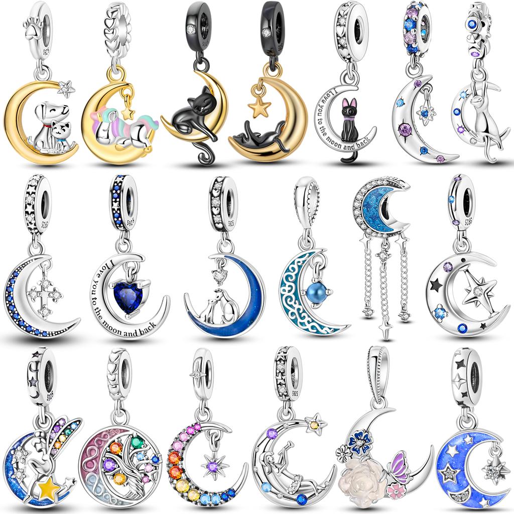 Fit Original Bangle Bracelet Copper Moon Series Charms Beads Inlaid Zirconium Luna Cat Dangle Pendants Diy Jewelry