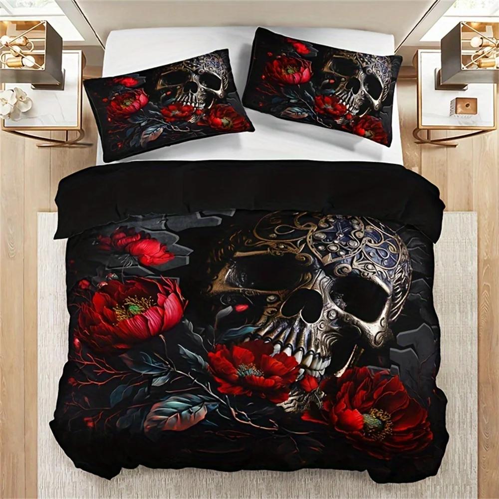 Fashion Gothic Skull Floral Duvet Cover Set - Soft Breathable HD Printing Bedding for Home Dorm Decor - Halloween Themed, Comfor