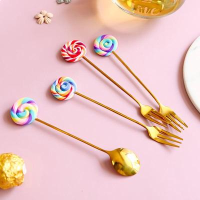1PC Cuchara Infantil de Piruleta Linda Acero Inoxidable Cuchara para Remover Café Tenedor para Fruta para Cena Cucharita Cucharada para Postre Té Vajilla