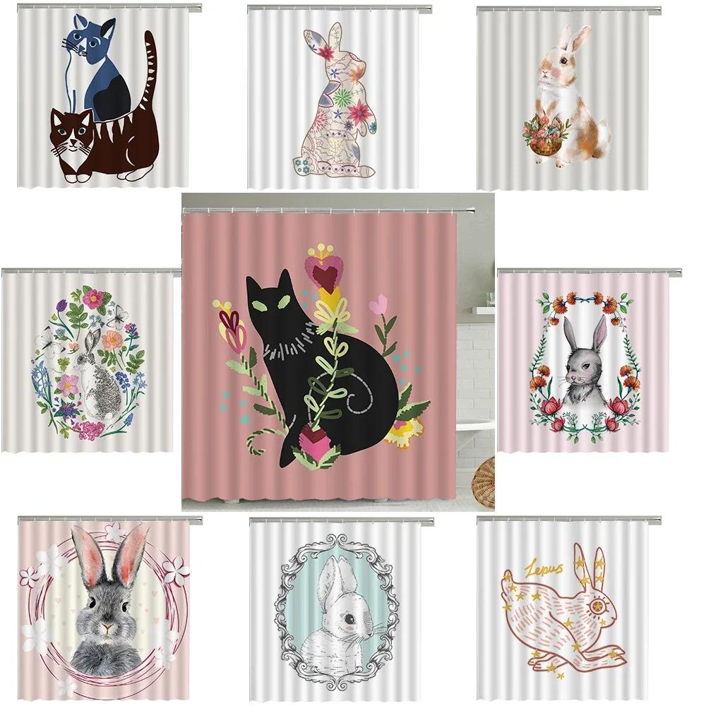 Katze Hase Tierdruck Floral Heimdeko Duschvorhang Wasserdichtes Polyester   Duschvorhang