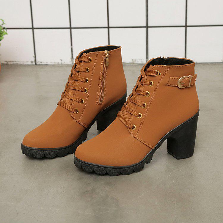Women's Autumn High-Heeled Boots: Short, Thick-Heeled, Round-Toe Martin Style with Belt Buckles and Lace-Up Design
