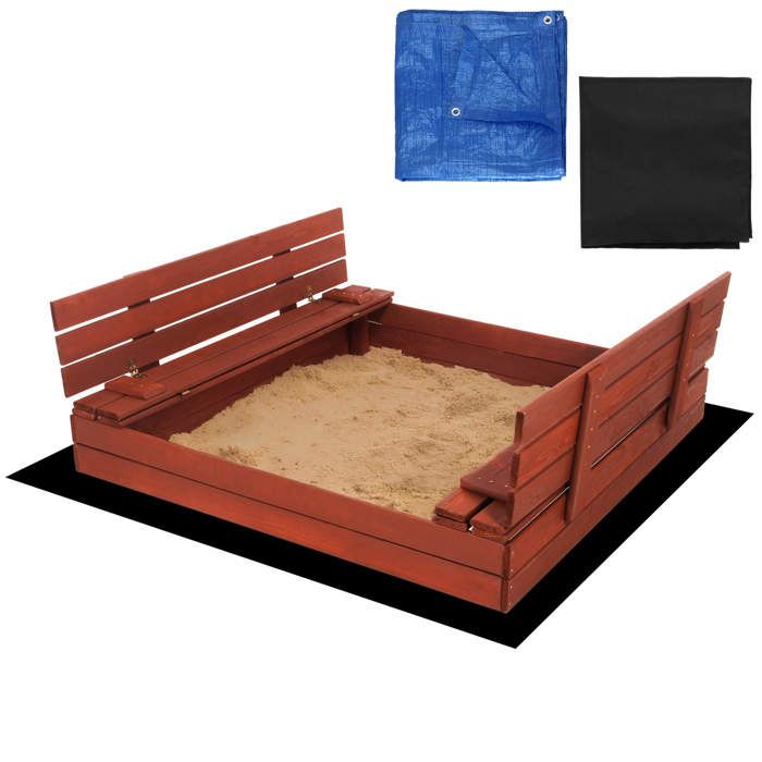 Bac à sable en bois - Springos® - 140 x 140 cm - Avec bancs - Bâche de protection incluse - Imprégnation à l'eau