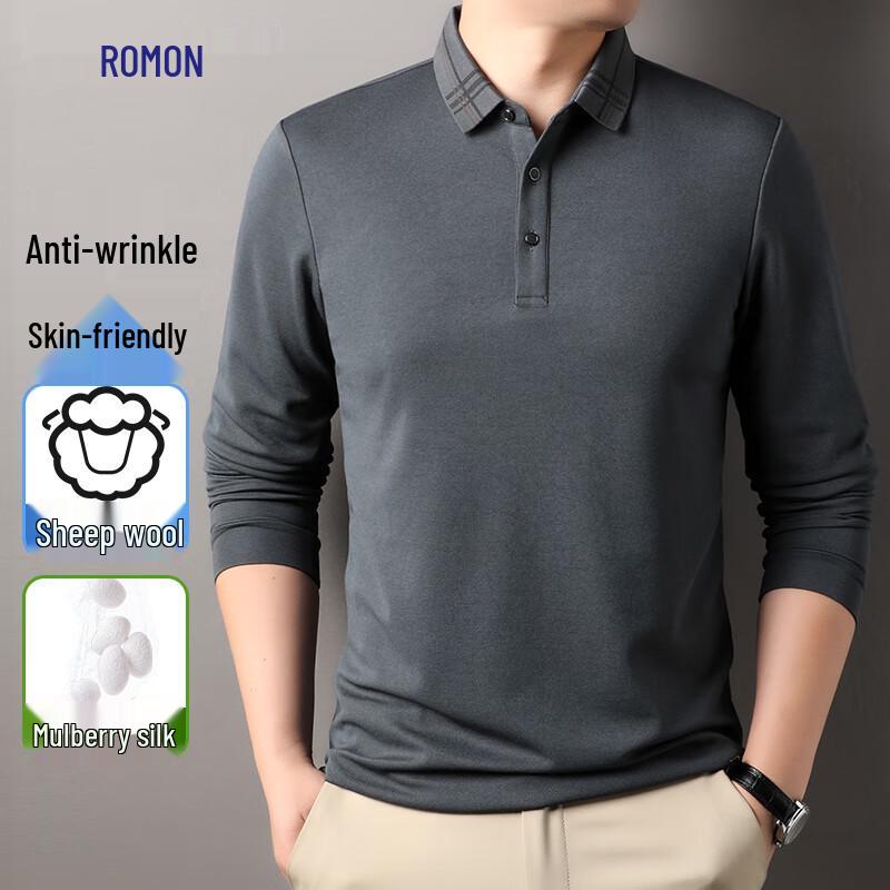 Romon Men's Anti-Wrinkle Silk & Wool Blend Long Sleeve Polo Shirt
