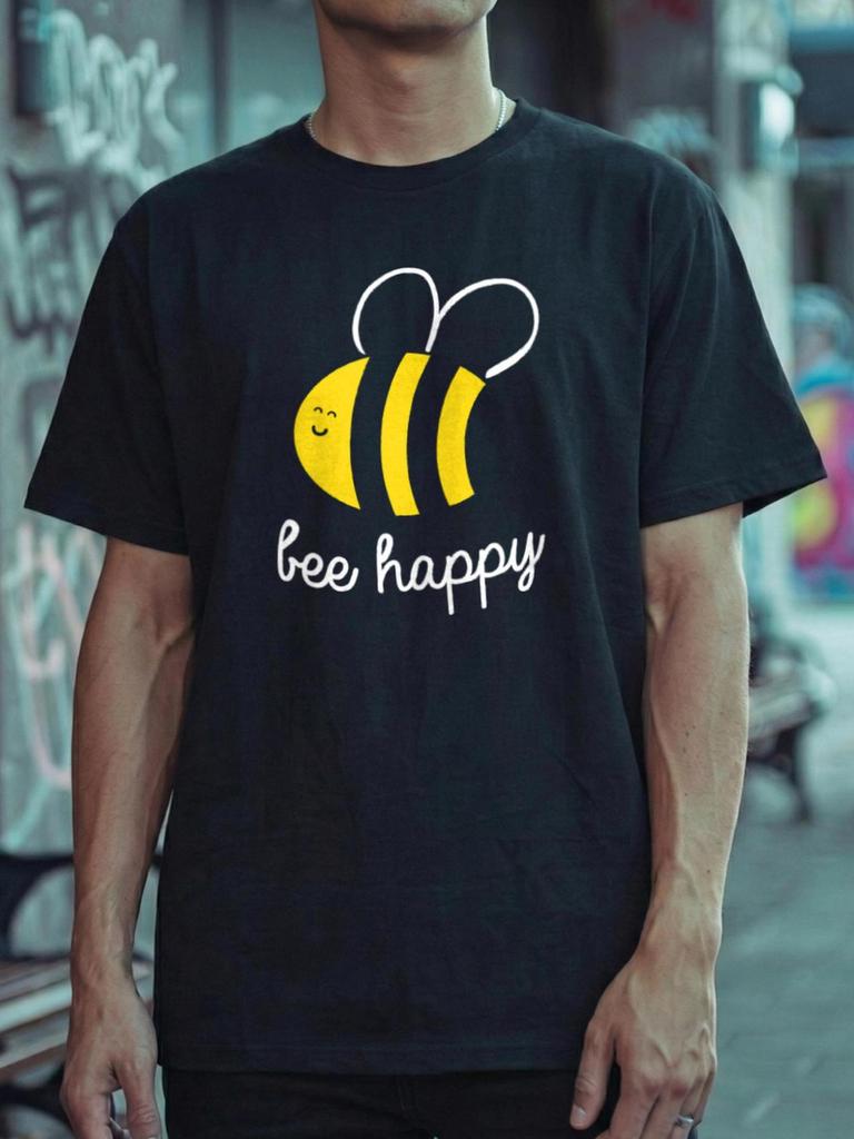 Bee Happy Cute Cartoon Bumblebee Pun Quote Graphic Print Unisexs Crew Neck Short Sleeve Casual Summer Daily Wear Basic Tee Shirt