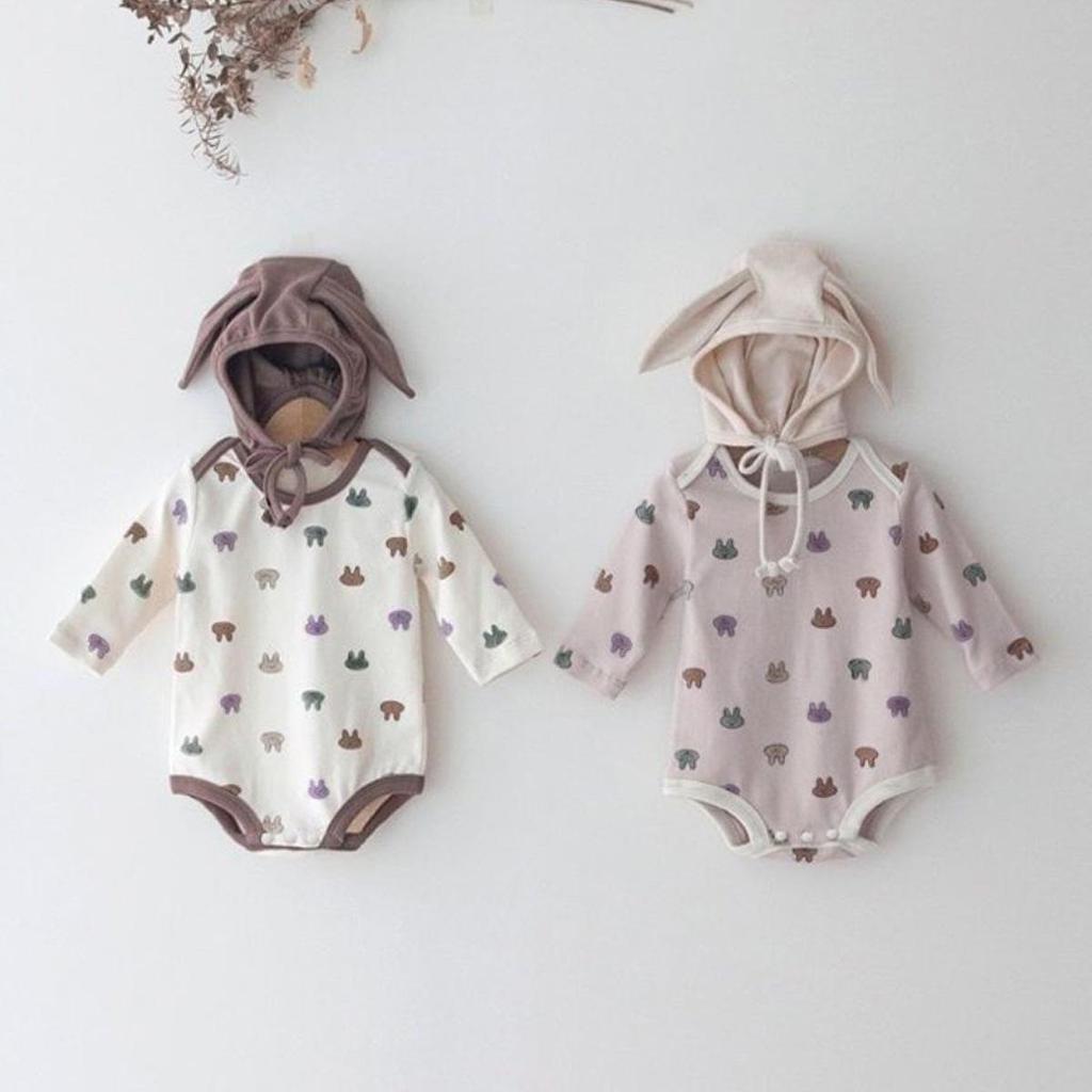 Korean Style Newborn Romper + Cartoon Bodysuit + Rabbit Ear Hat Set (Autumn/Winter)
